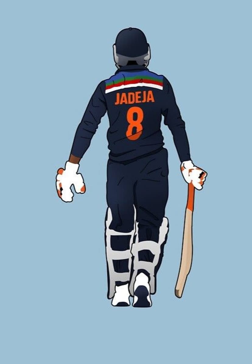 Ravindra Jadeja walks away wearing a blue number 8 India cricket jersey while carrying a bat on a blue backdrop.