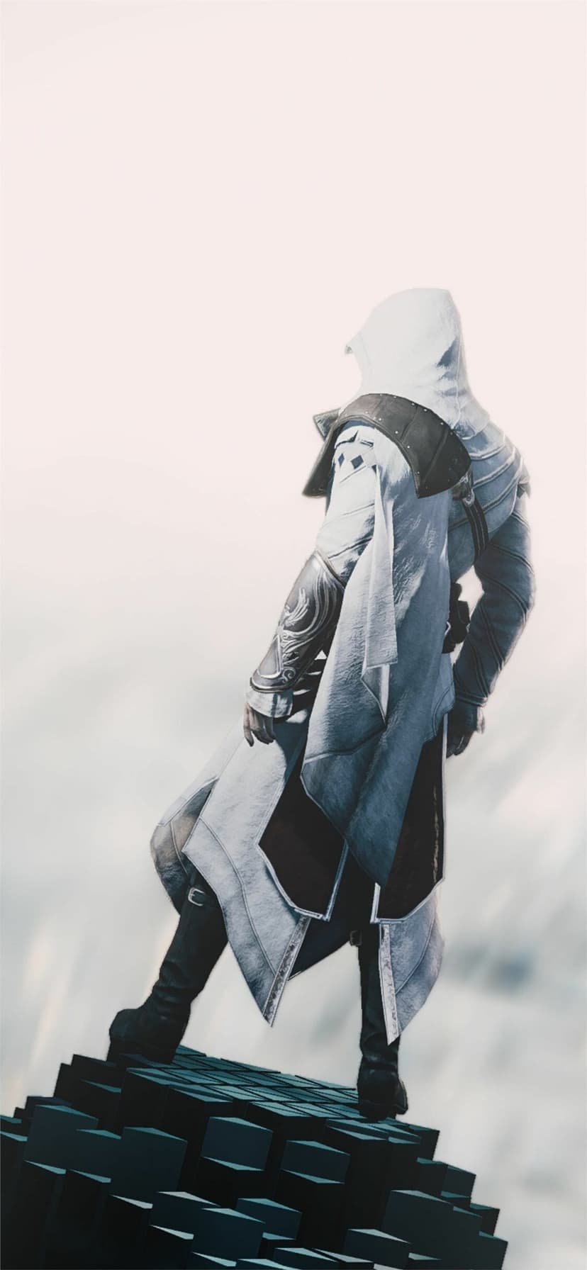 Hooded assassin in a white robe standing on dark geometric blocks against a bright misty background.