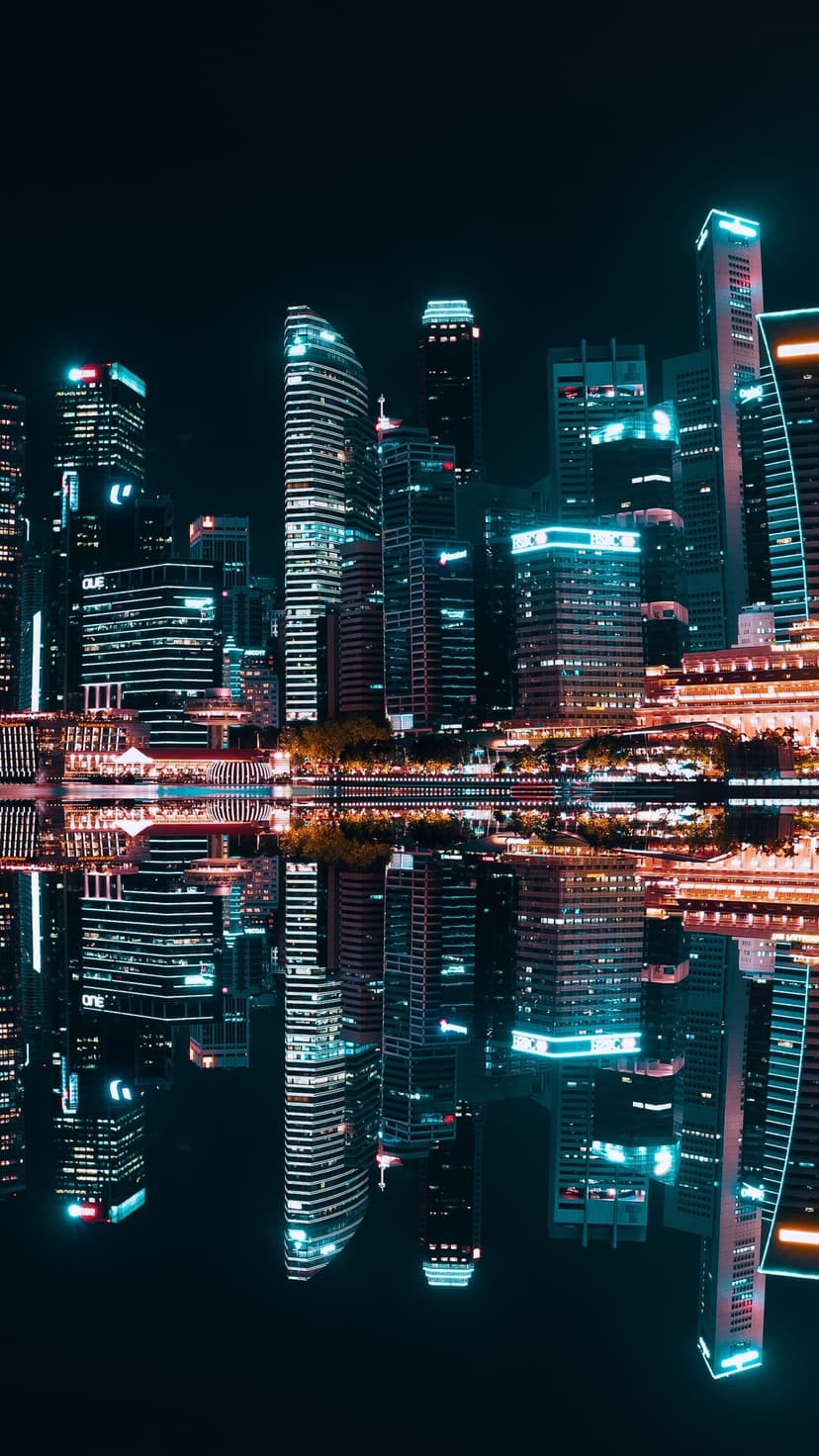 Skyscrapers glow with cyan and orange lights above a perfectly symmetrical water reflection in the dark night.