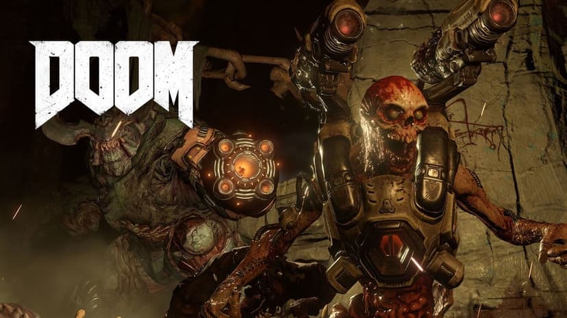A bloodied skeletal Revenant with rocket launchers and a Mancubus demon in a dark cavernous environment.