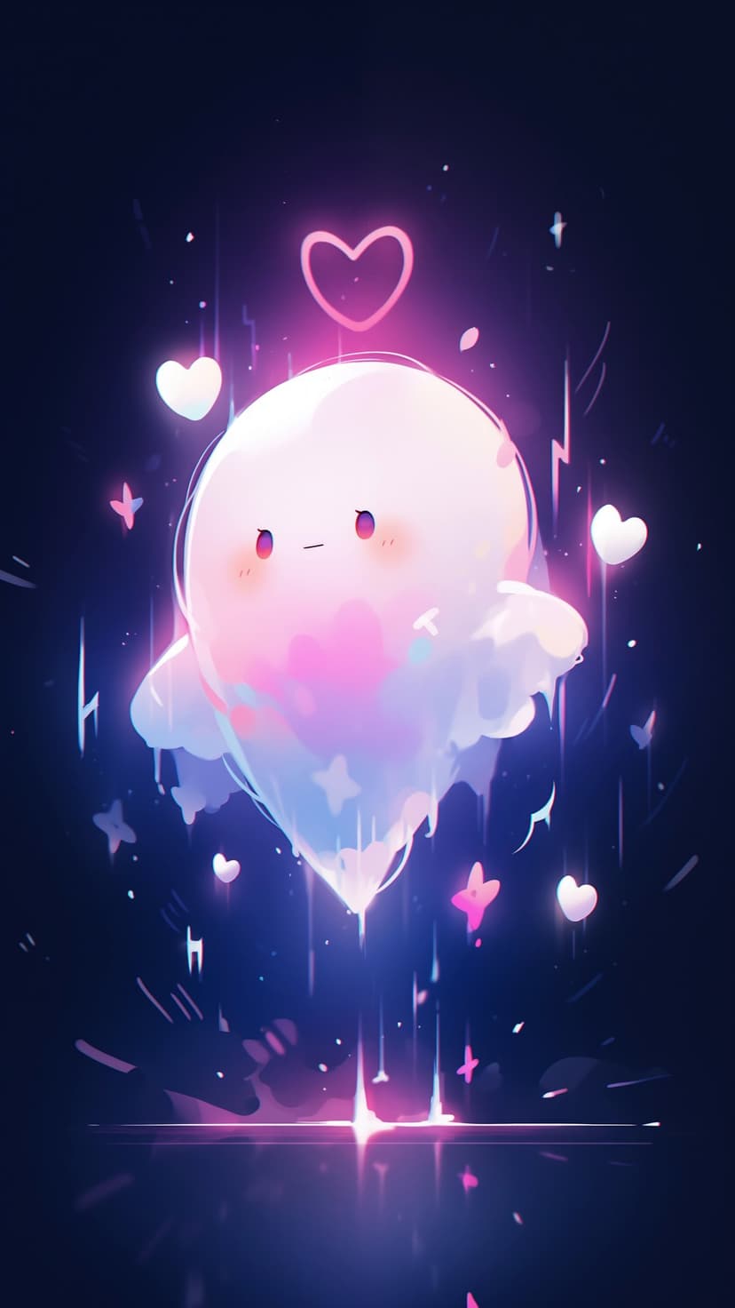 Chibi ghost with large eyes floats amidst glowing pink hearts and sparkling stars against a dark cosmic backdrop.