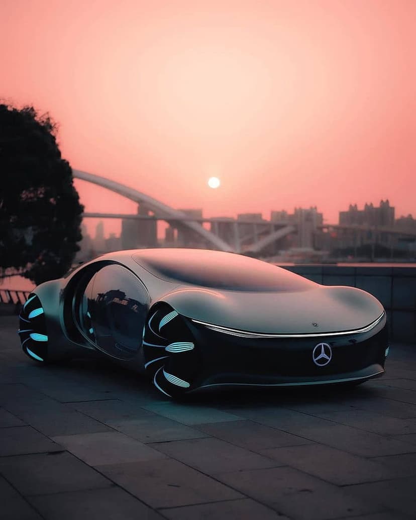 Mercedes-Benz concept car with glowing wheels parked on a road against a city skyline and sunset orange sky.