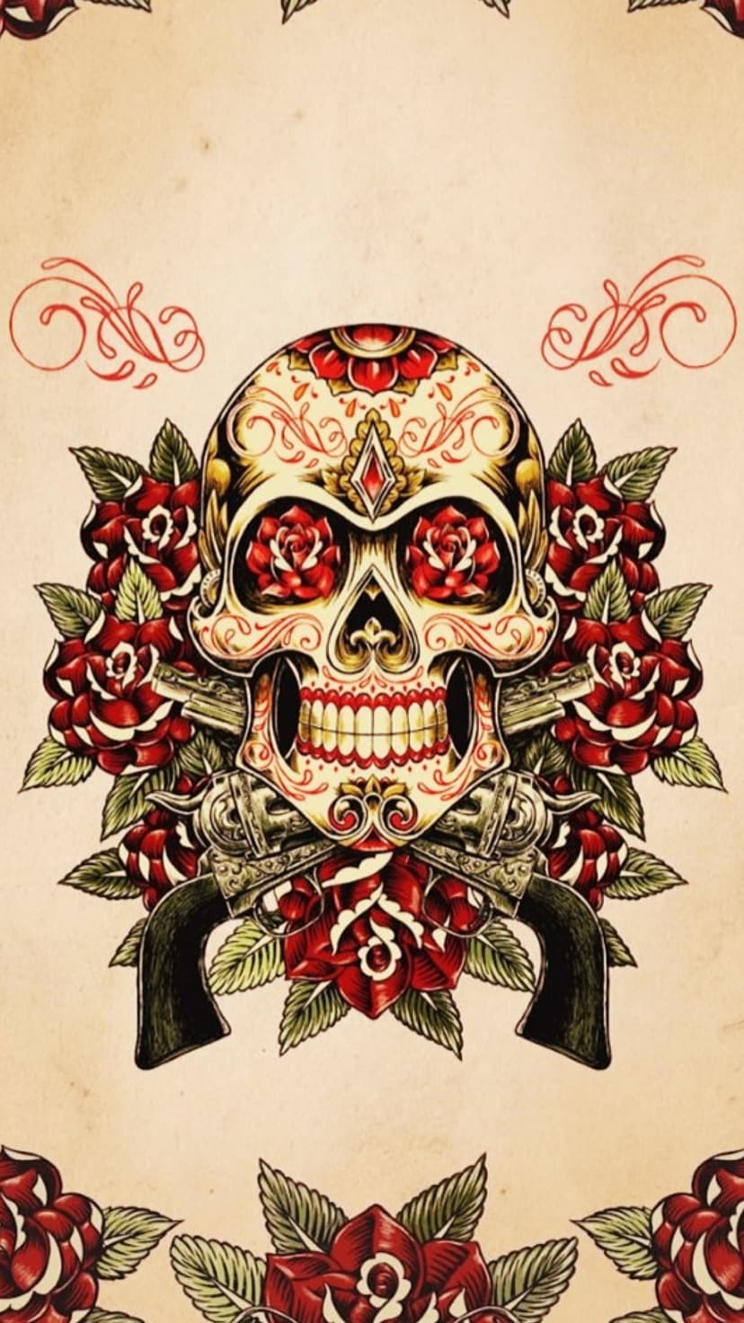 Sugar skull with intricate floral patterns sits between red roses and two crossed antique revolvers.