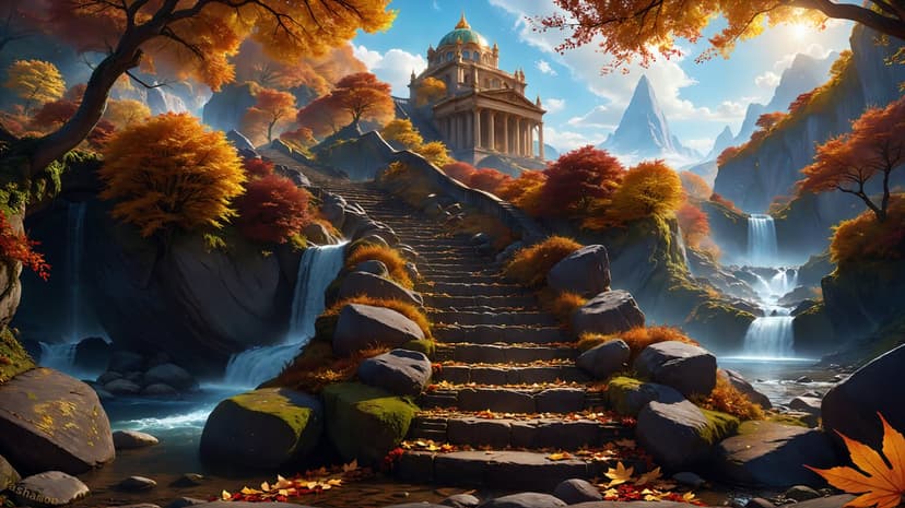 Stone staircase leads to a golden-domed temple surrounded by red autumn trees and rushing mountain waterfalls.