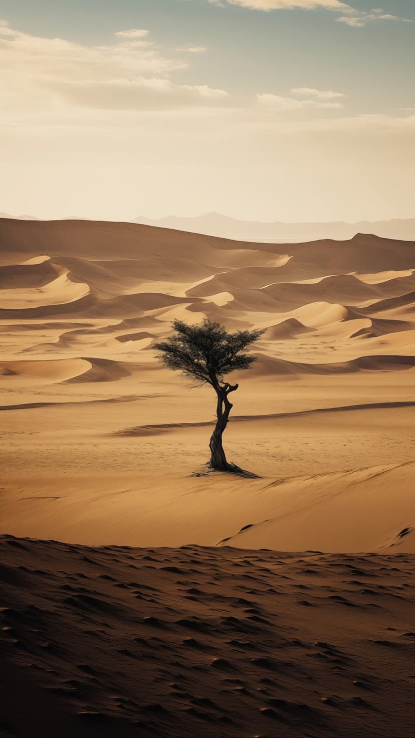 Lone weathered tree grows atop undulating golden sand dunes under a soft pale sky in this vertical landscape.