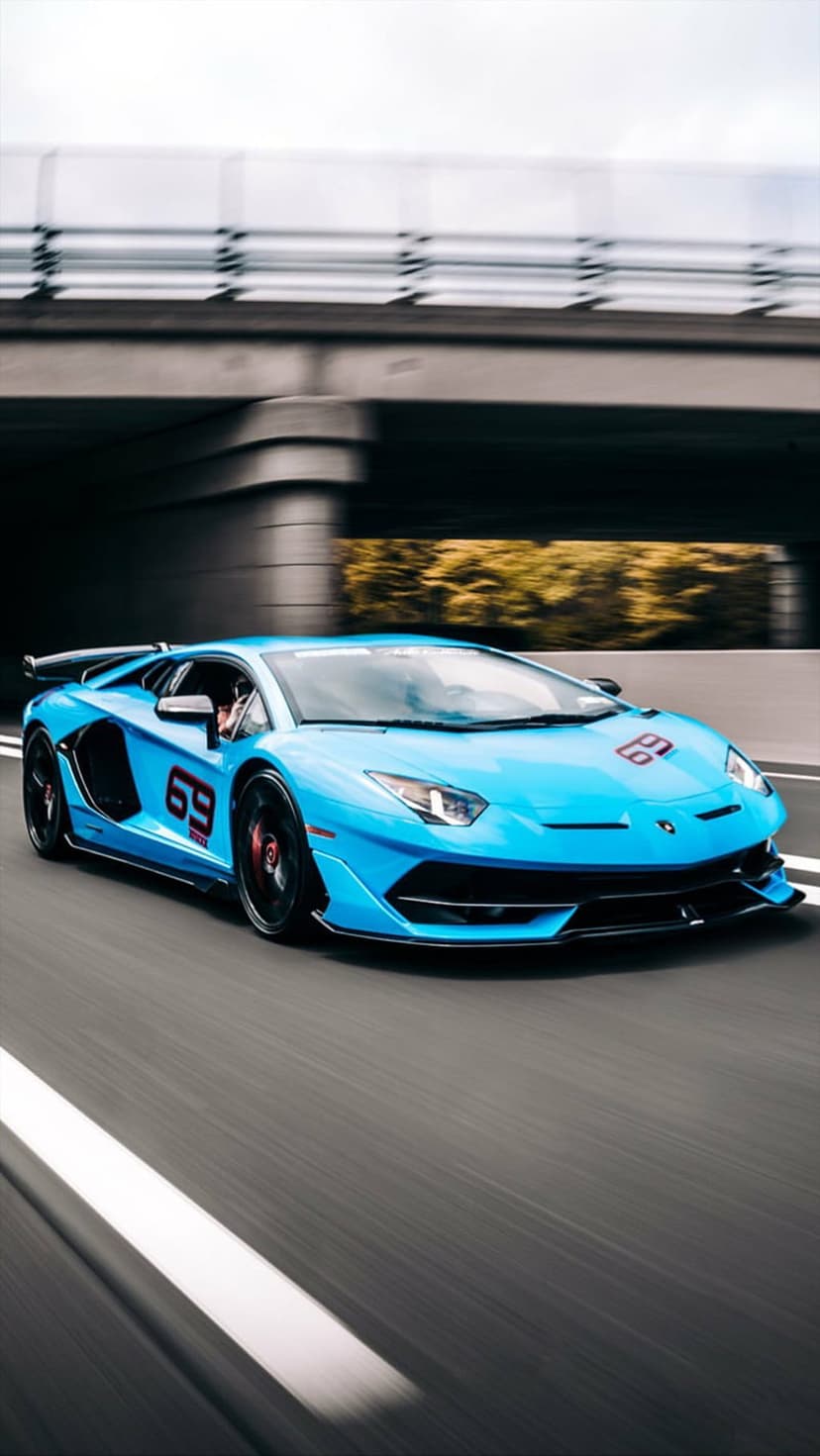 Lamborghini Aventador SVJ in blue with 69 decals racing on asphalt, showcasing aerodynamic wings and speed.
