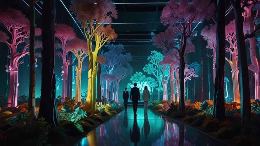 Three suited figures walk along a reflective path through a forest of glowing pink and blue geometric trees.