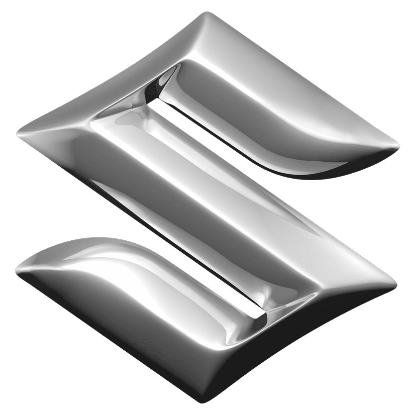 Suzuki logo 3D chrome emblem with reflective metallic surfaces and sharp beveled edges on a transparent background.
