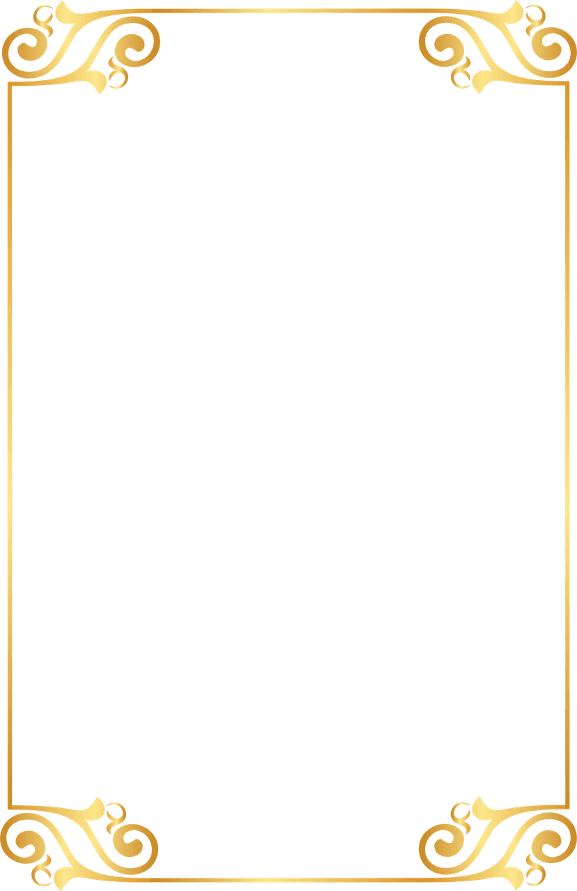 Gold filigree frame displays intricate metallic patterns on a rectangular border with a transparent background.