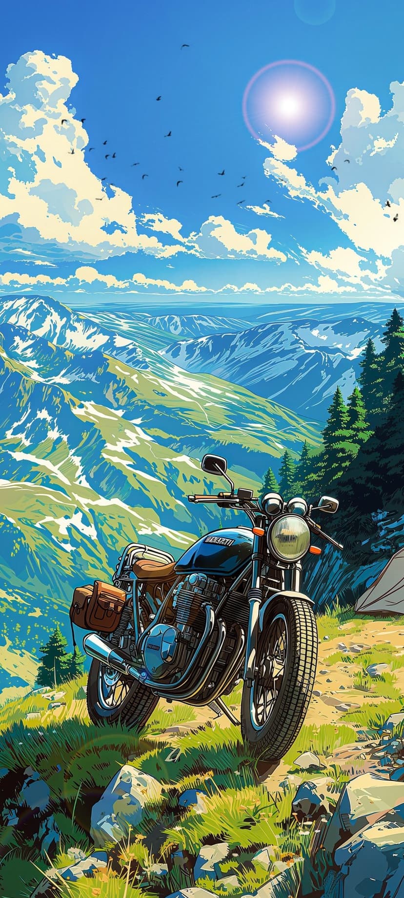 Vintage motorcycle on a grassy mountain overlook with snow-capped peaks under a bright sun and blue sky.