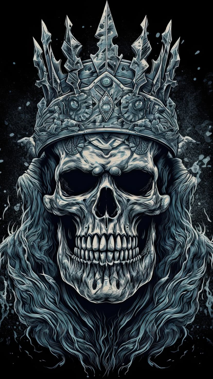 Skeletal king skull wearing a spiky crown made of translucent ice against a textured black background.