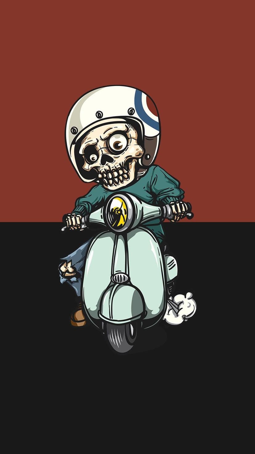 Skeleton with a striped helmet rides a light blue vintage scooter against a split red and black background.