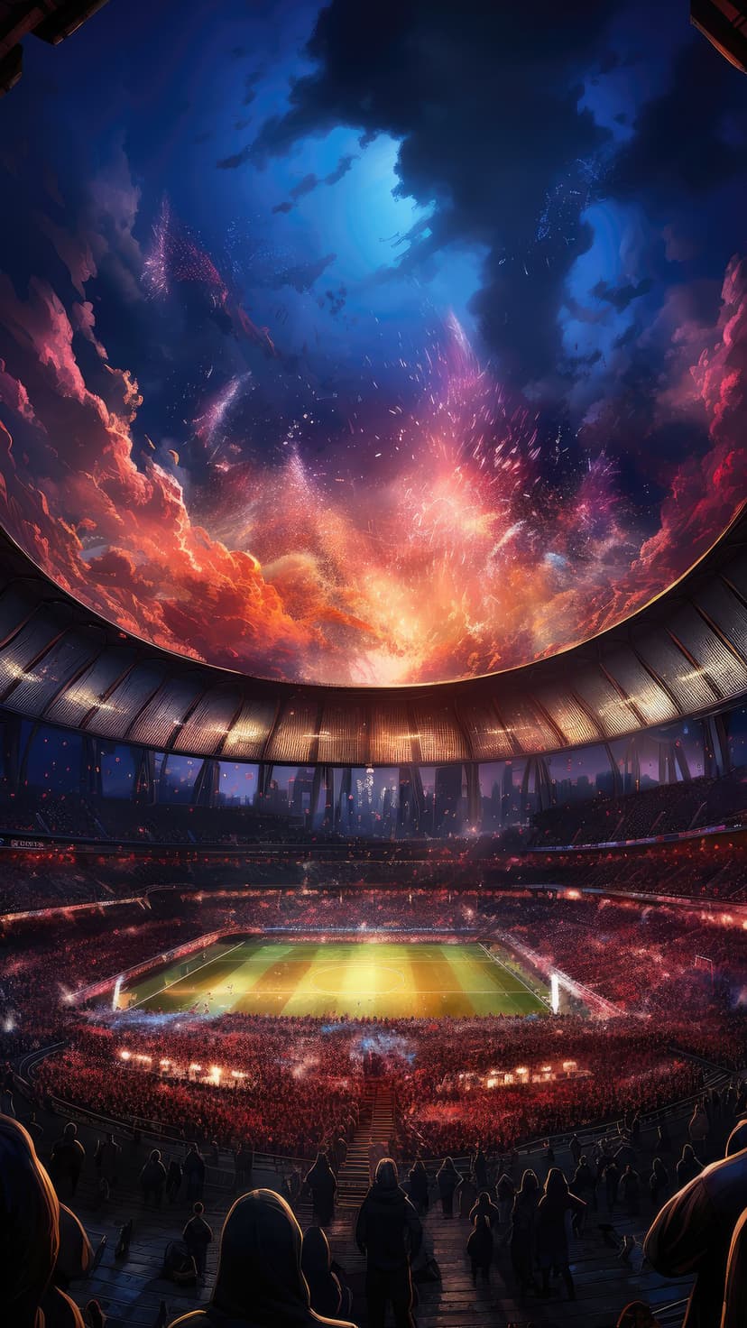 Massive sports stadium under a swirling cosmic nebula with colorful fireworks and glowing green football pitch.