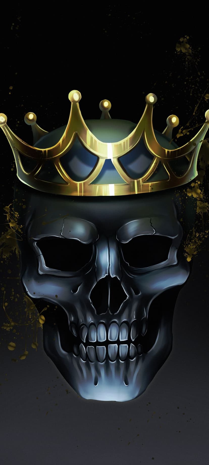 Metallic skull wearing a regal golden crown with yellow paint splatters against a dark textured background.