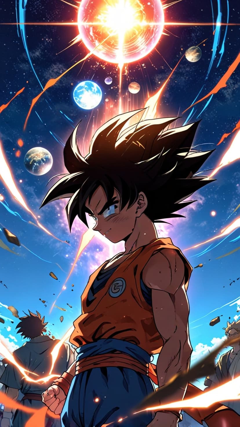 Goku in an orange gi stands before a bright sun and planets while surrounded by Saiyan warriors in deep space.
