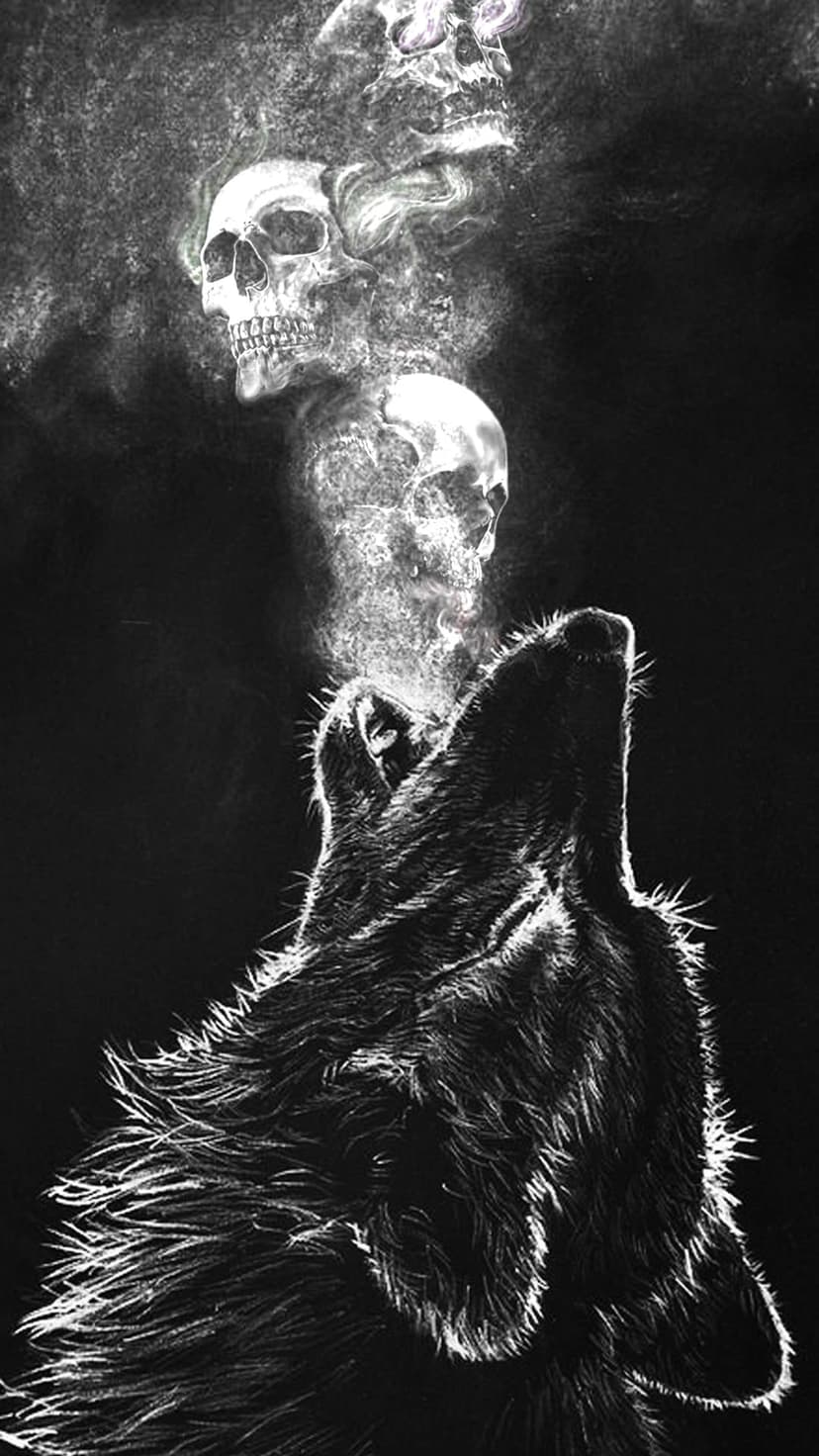 Lone wolf howls at the moon while skull-shaped vapor rises from its mouth against a dark, foggy background.