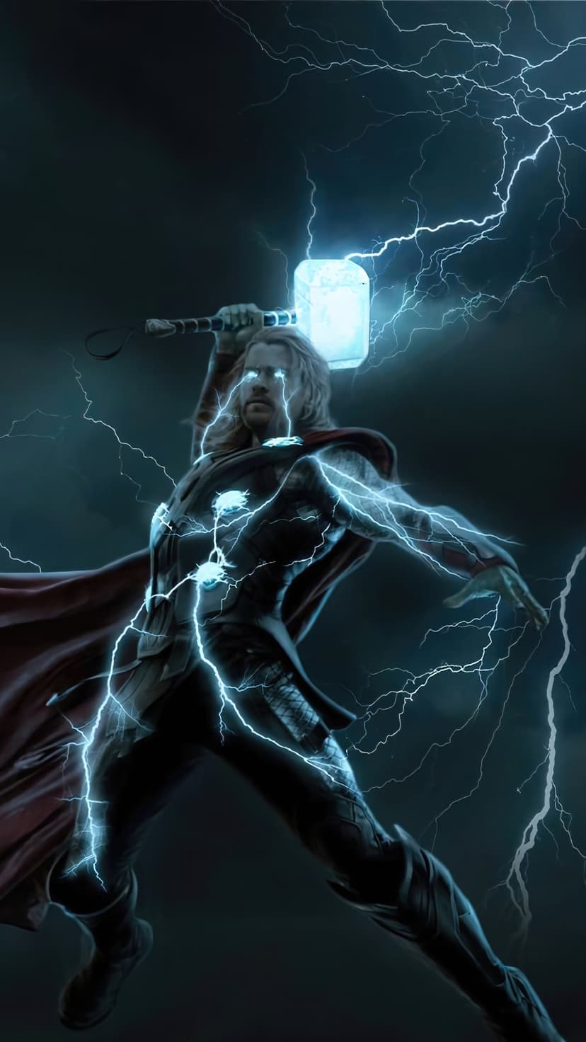 Thor Odinson grips his hammer while blue lightning bolts arc across his silver armor and a dark stormy sky.