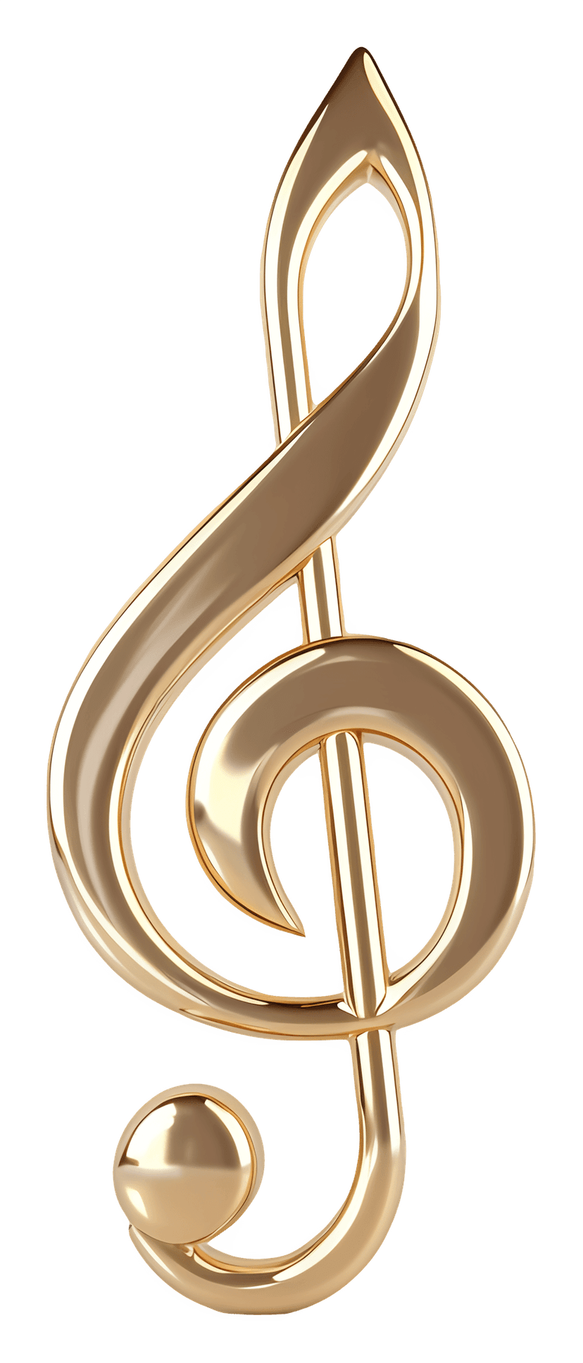 3D gold treble clef symbol with a polished metallic finish and realistic highlights on a transparent backdrop.