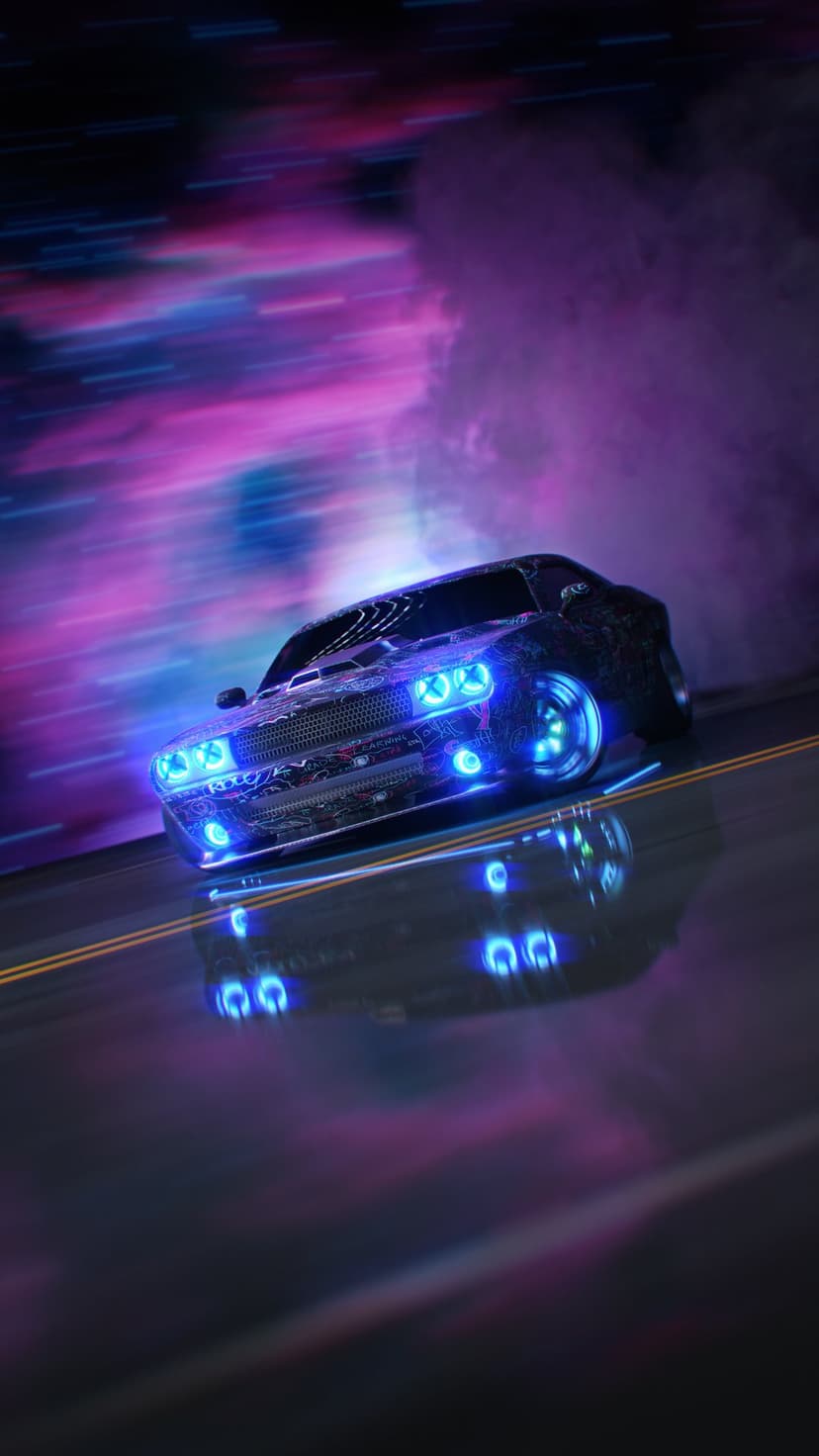 Sleek supercar drifting on a wet road with glowing blue neon lights under a purple and pink night sky.
