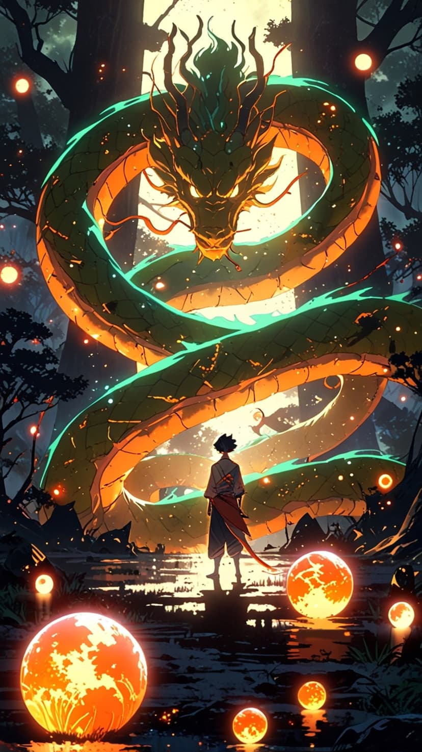 Serpentine dragon coiling through misty woods above a lone figure standing near floating glowing orange orbs.