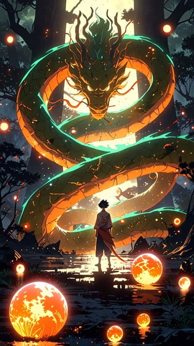 Epic Dragon Encounter in Mystical Forest with Glowing Orbs