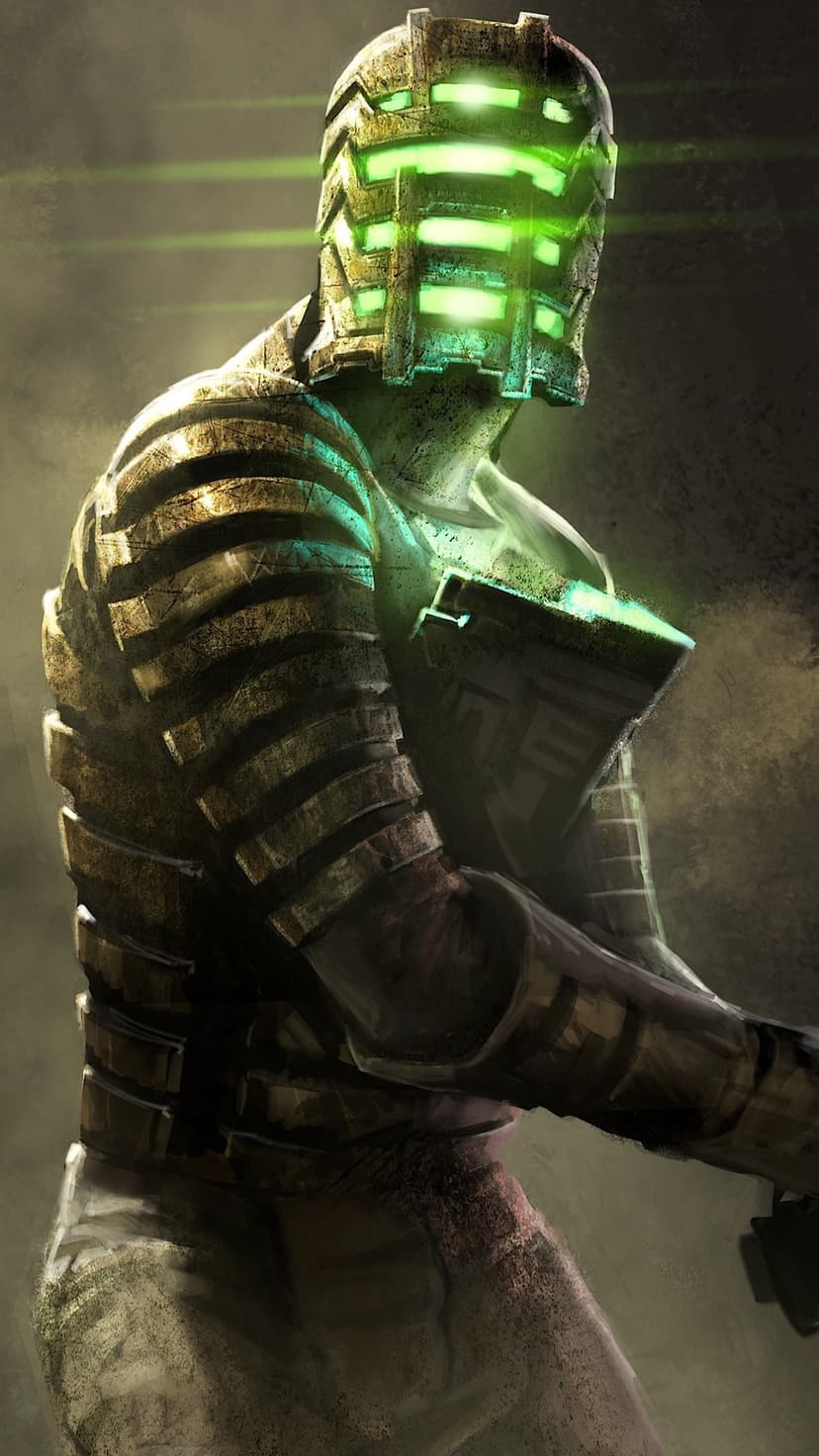 Isaac Clarke in a ribbed metal space suit with glowing green visor slits and chest lights against a dark background.