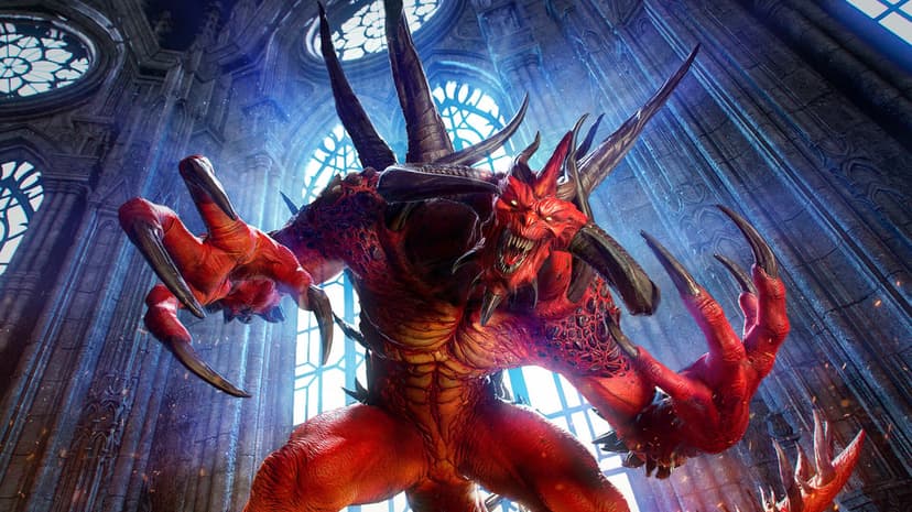 Red muscular demon with large horns snarls inside a ruined gothic cathedral with blue light through windows.