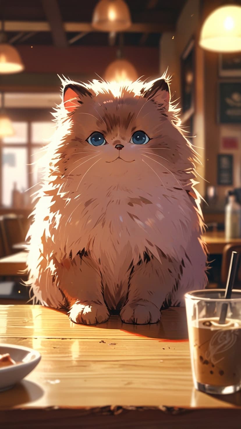 Fluffy blue-eyed cat sits on a wooden cafe table next to an iced coffee and pastry under warm hanging lamps.