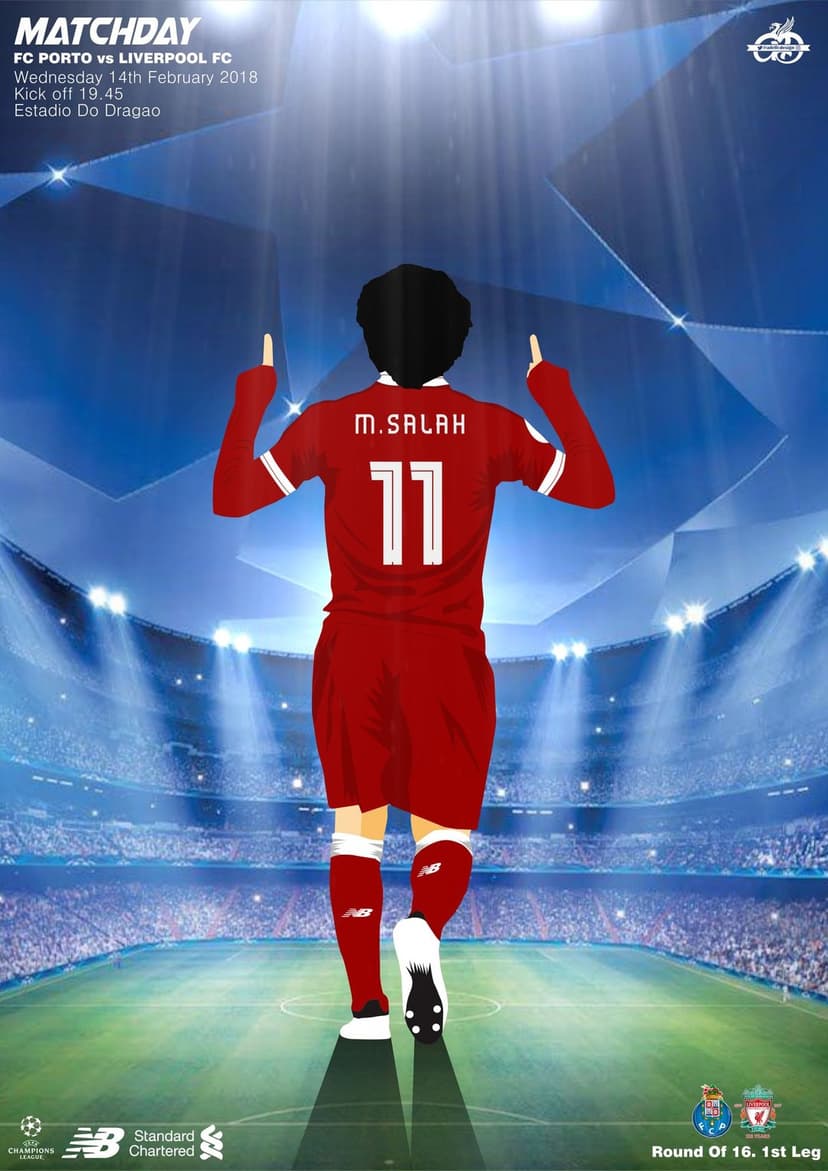 Mohamed Salah wearing a red jersey with number eleven raises his arms toward a glowing football stadium at night.