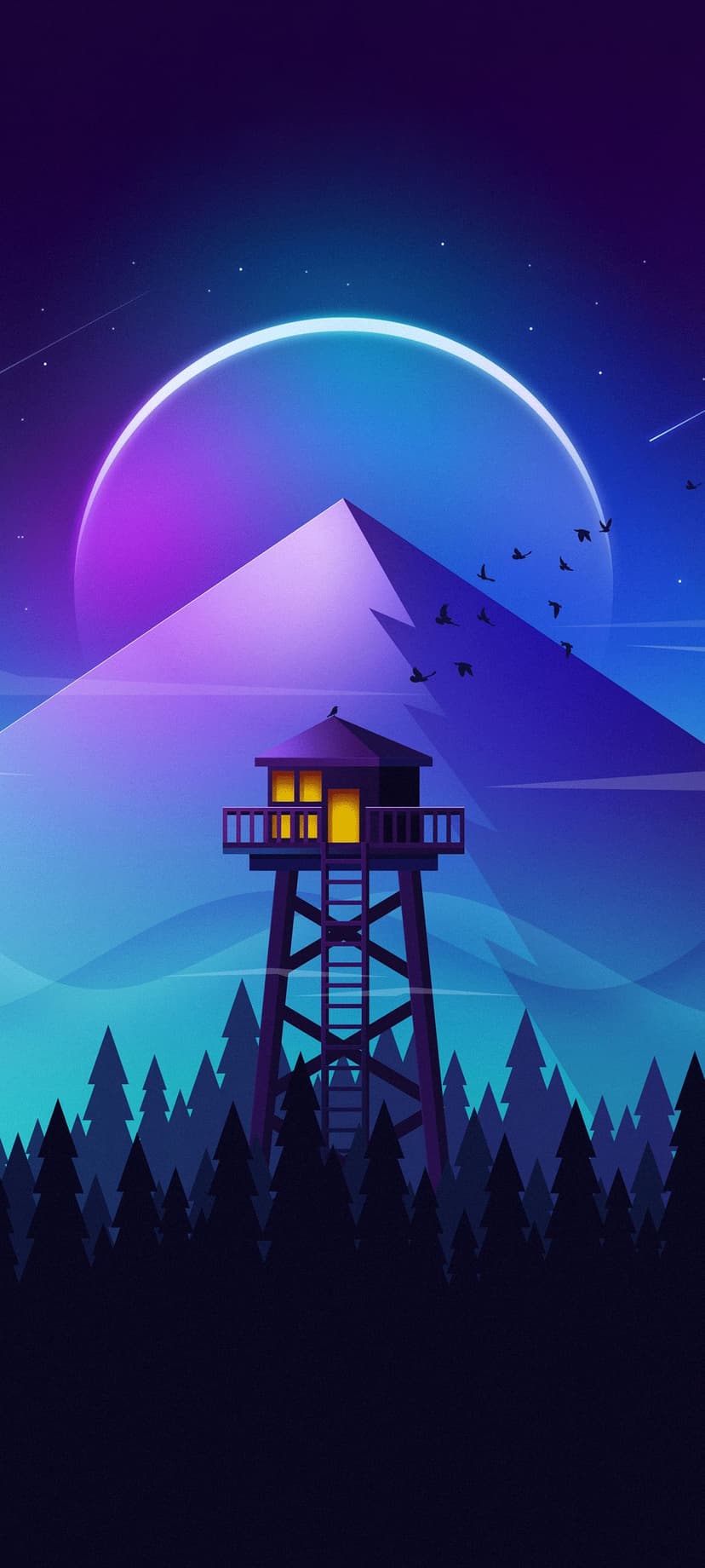 Fire lookout tower silhouetted against a massive glowing crescent planet and sharp peaks under a purple sky.
