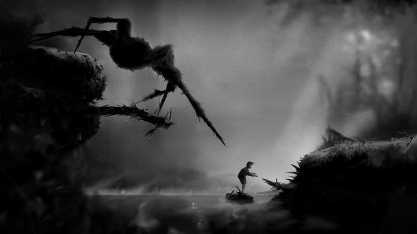 Boy with glowing eyes stands before a giant spindly spider silhouette in a misty, dark forest environment.