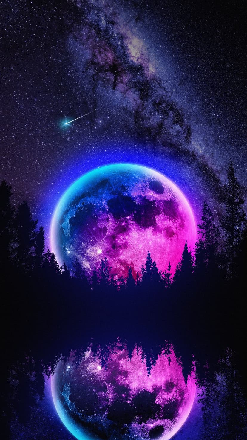 Glowing pink moon and Milky Way galaxy reflected in a still lake behind dark pine tree silhouettes at night.