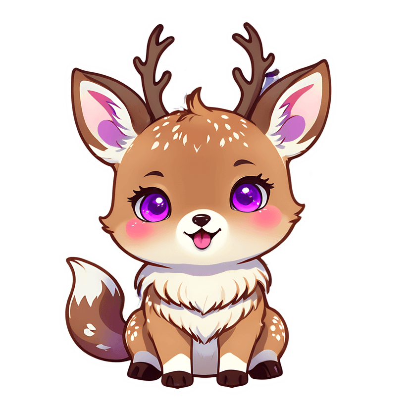 Brown fawn sticker featuring purple eyes and white spots sits front-facing with a white die-cut border outline.