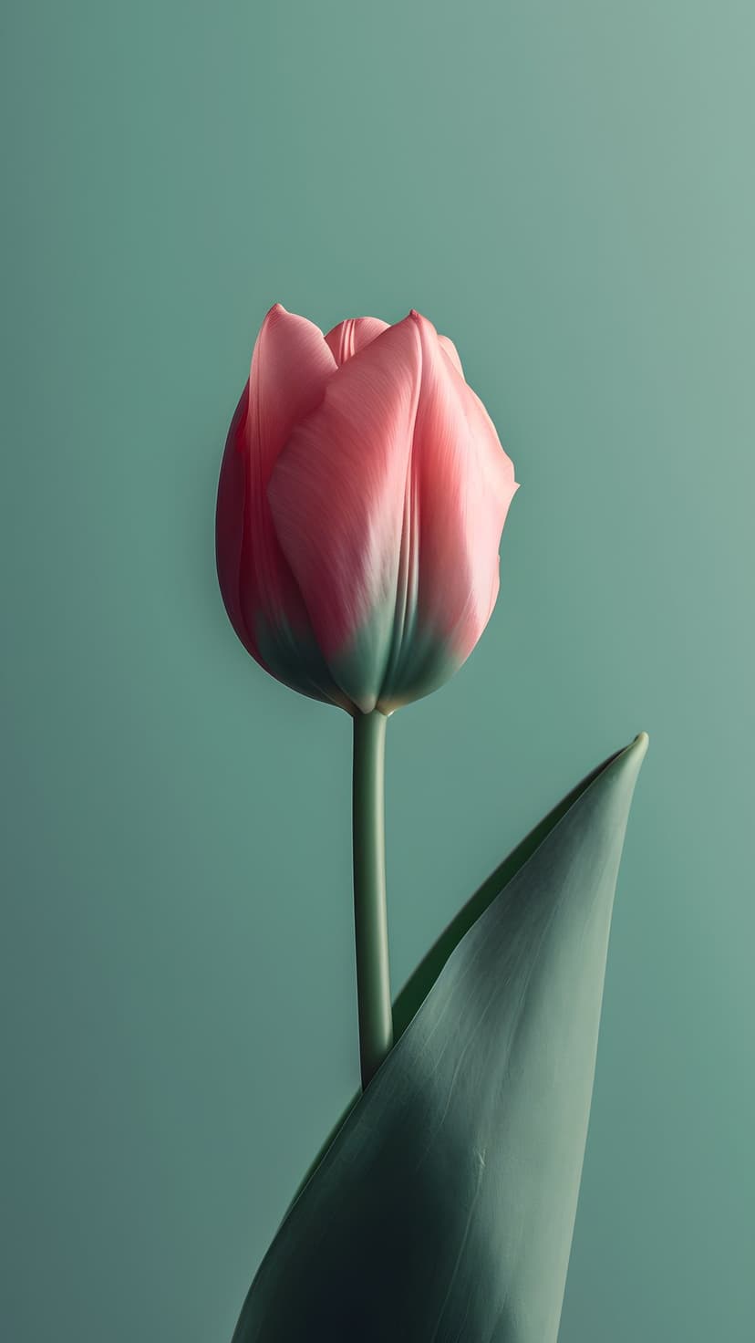Pink tulip bud with a green stem and leaf centered against a solid teal background in a vertical studio shot.