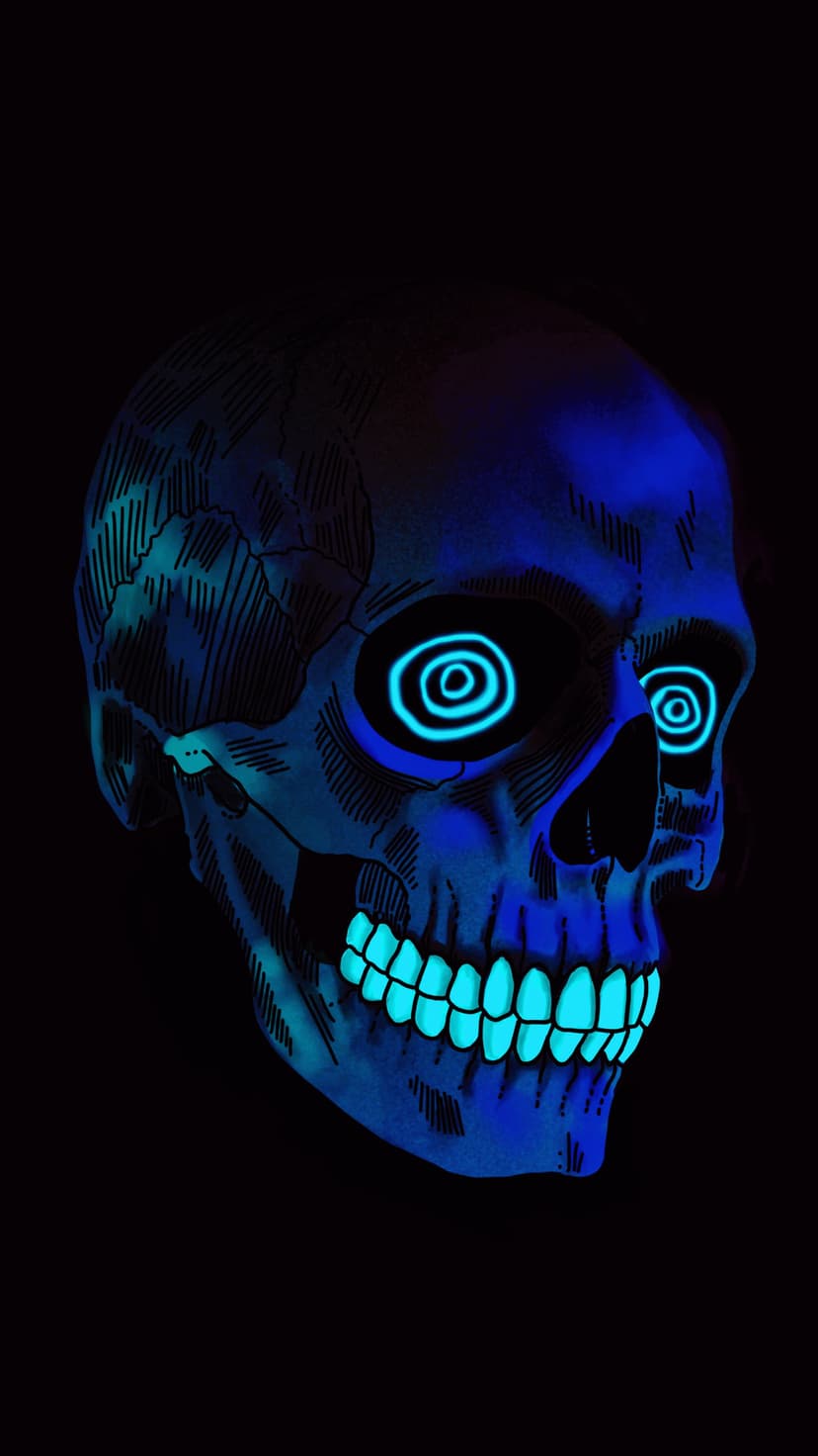 Neon blue skull featuring glowing spiral patterns in the eye sockets set against a solid black background.