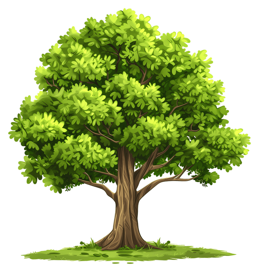 Cartoon green tree with lush foliage stands centered on a transparent background featuring clean vector lines.
