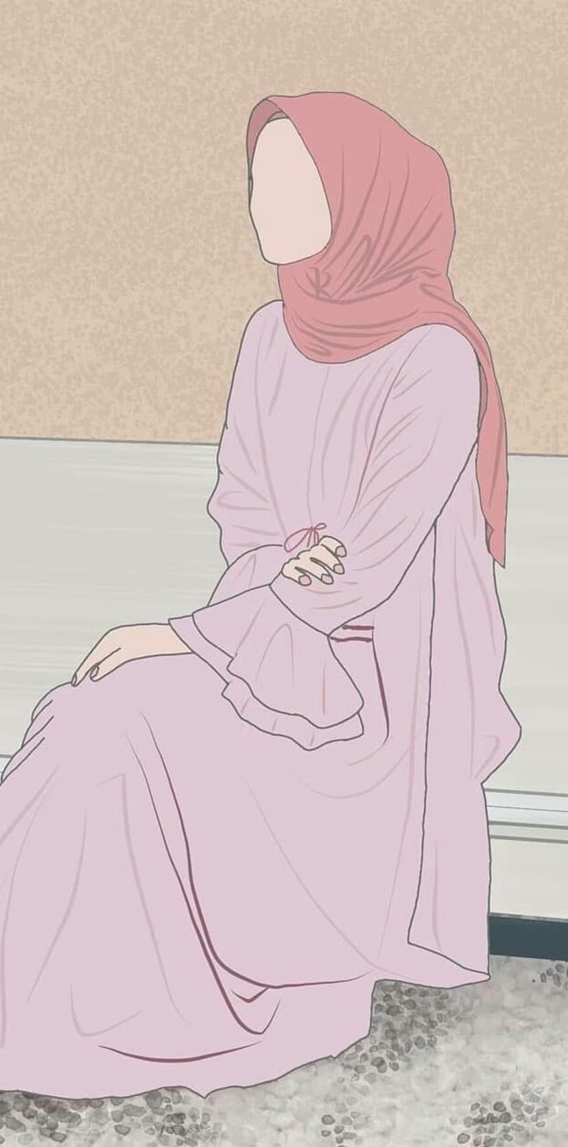 Muslim woman wearing a soft pink hijab and matching dress sits with arms crossed against a textured wall.