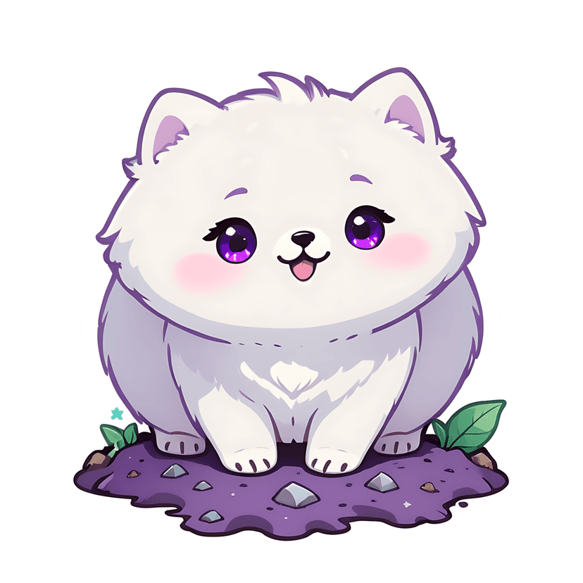 White fluffy cub sticker illustration with purple eyes sitting on soil with green leaves and gray rocks.