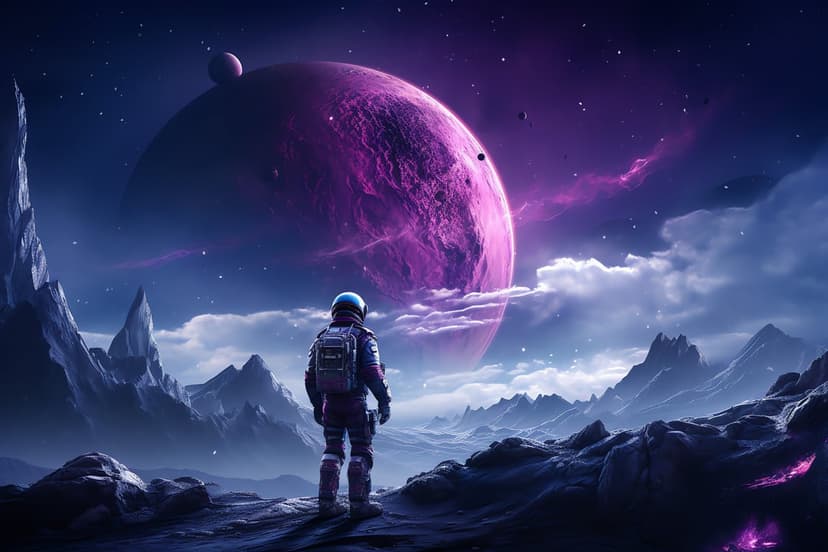 Astronaut in a space suit standing on a jagged mountain ridge looking at a massive purple planet in a starry sky.