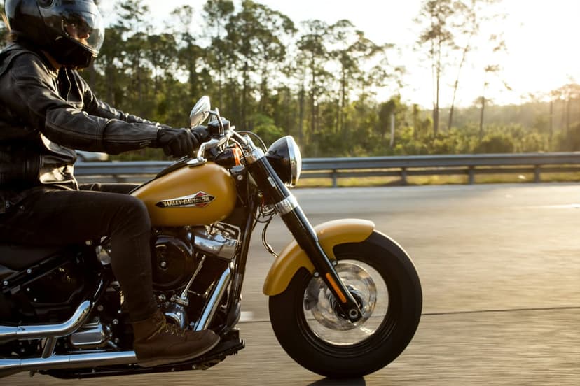 Biker in a black helmet rides a yellow motorcycle on a highway toward the setting sun amidst golden light.