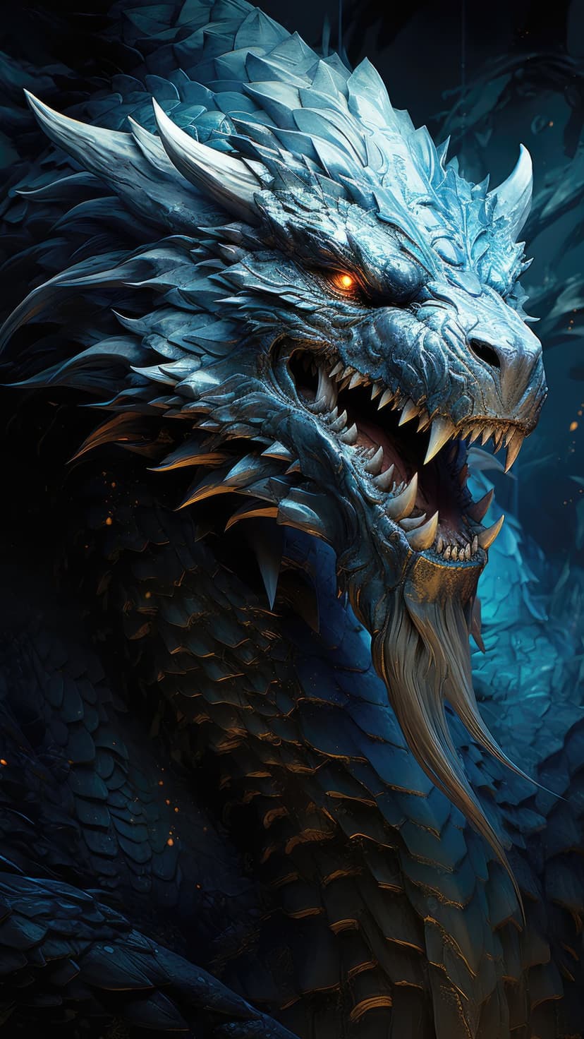 Blue dragon head roaring with glowing orange eyes, sharp white teeth, and textured crystalline sapphire scales.