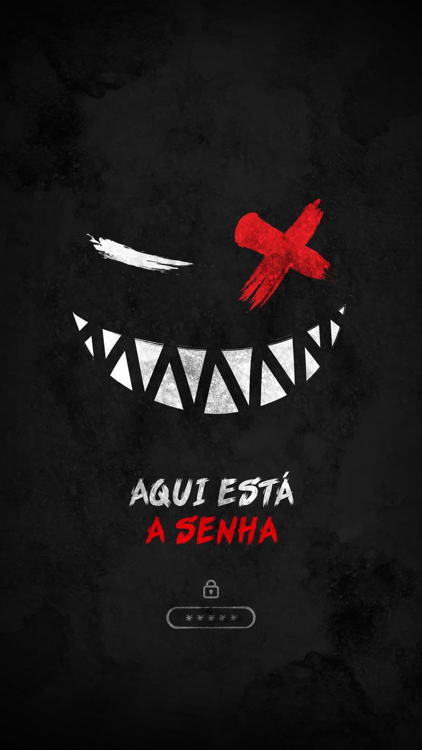 Menacing white teeth grin with a red X eye above a password prompt and lock icon on a textured black background.