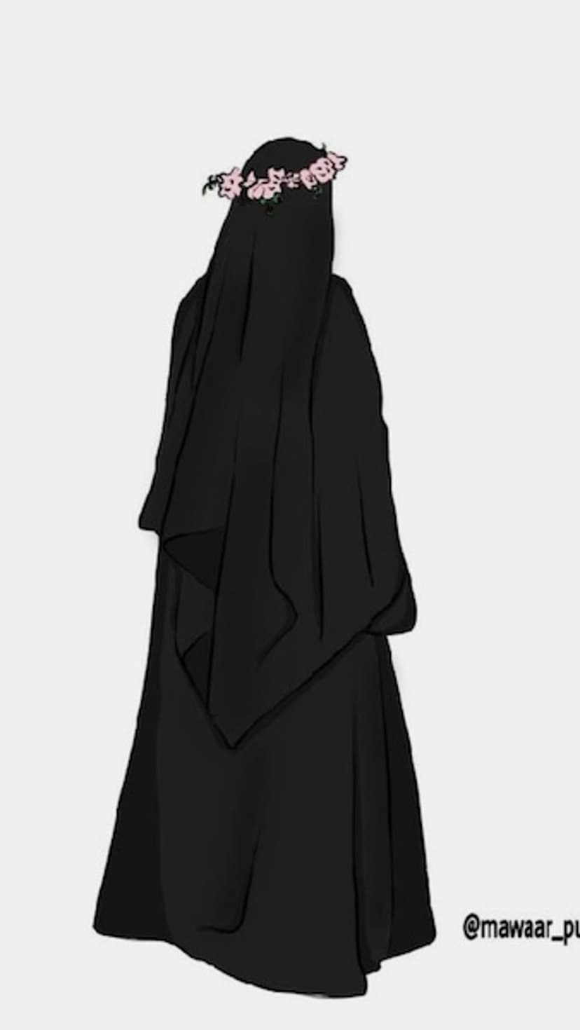 Woman from behind in a black abaya and niqab wearing a pink flower crown against a light gray background.