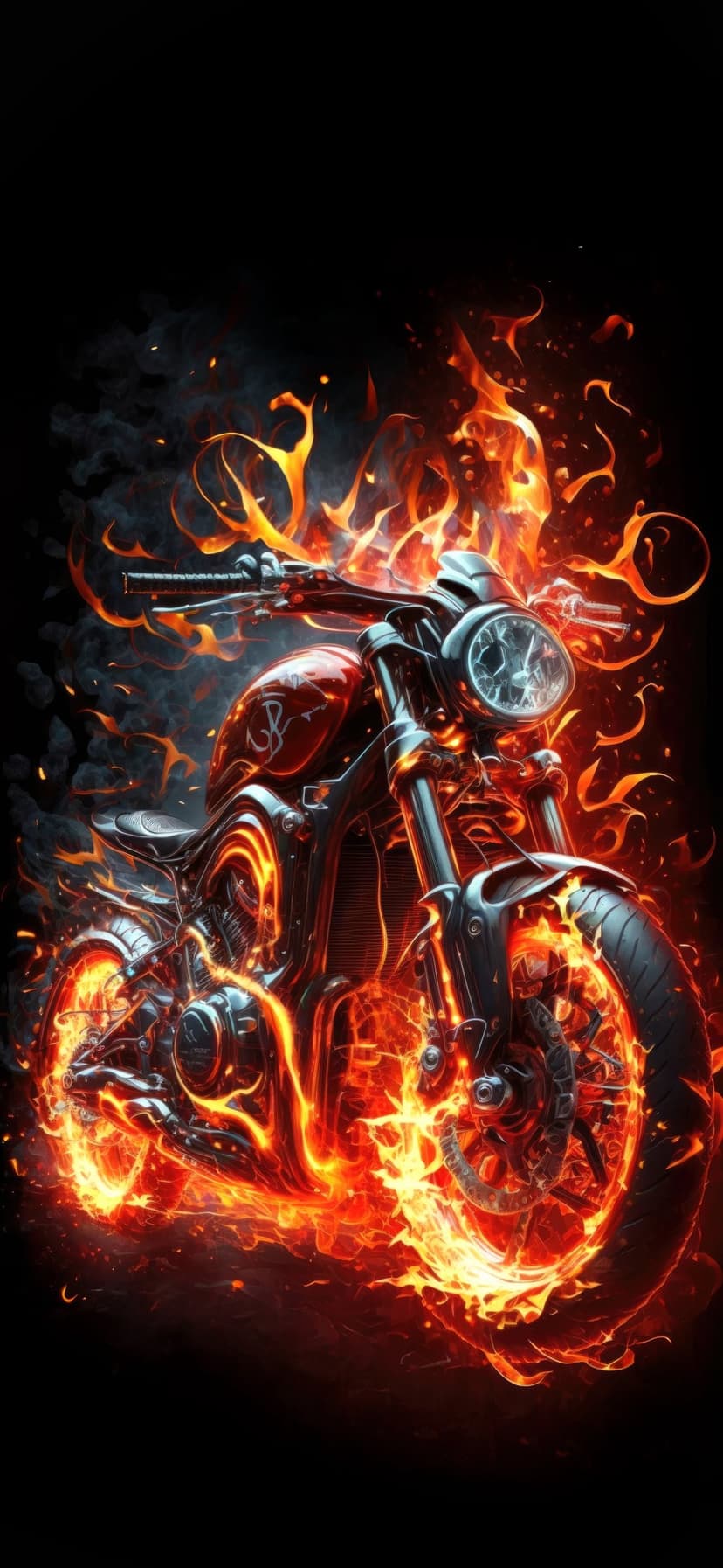 Sport motorcycle engulfed in bright orange and yellow flames against a dark void, focusing on the burning tires.