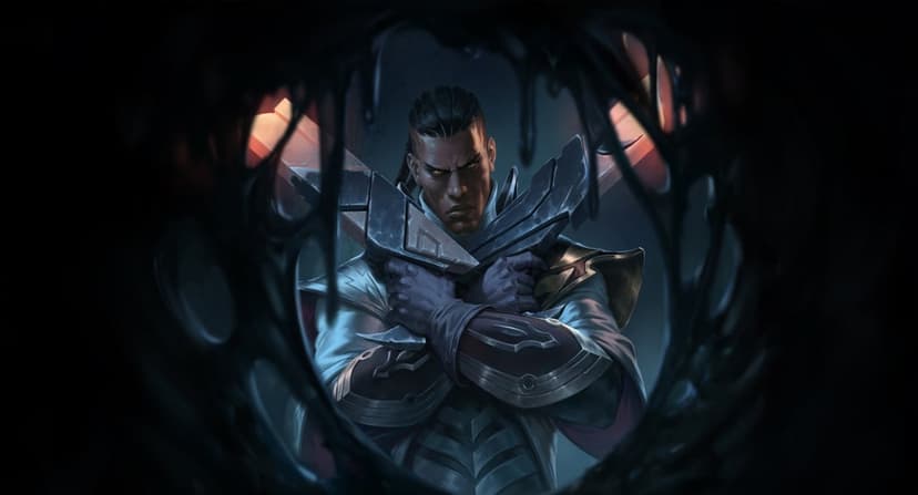 Powerful warrior holding crossed glowing blades framed by dark viscous shadows and cinematic lighting.