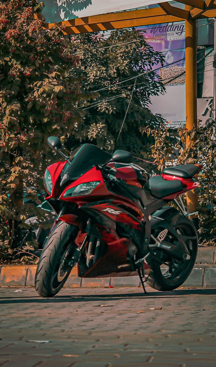 Red Yamaha R6 motorcycle parked on pavement with dual headlights visible against a green leafy background.
