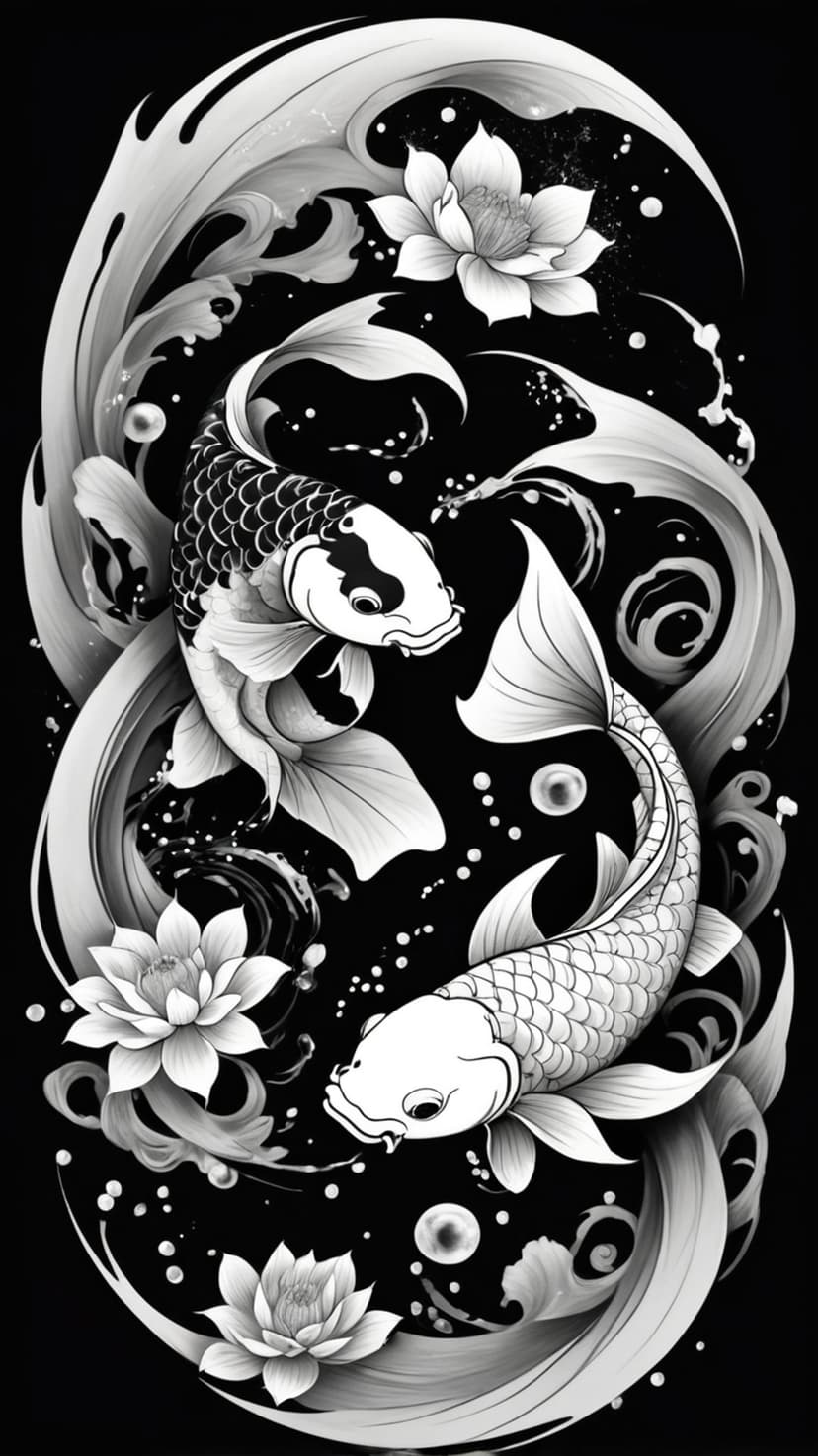 Two koi fish swim through swirling water and lotus blossoms in a high-contrast black and white composition.