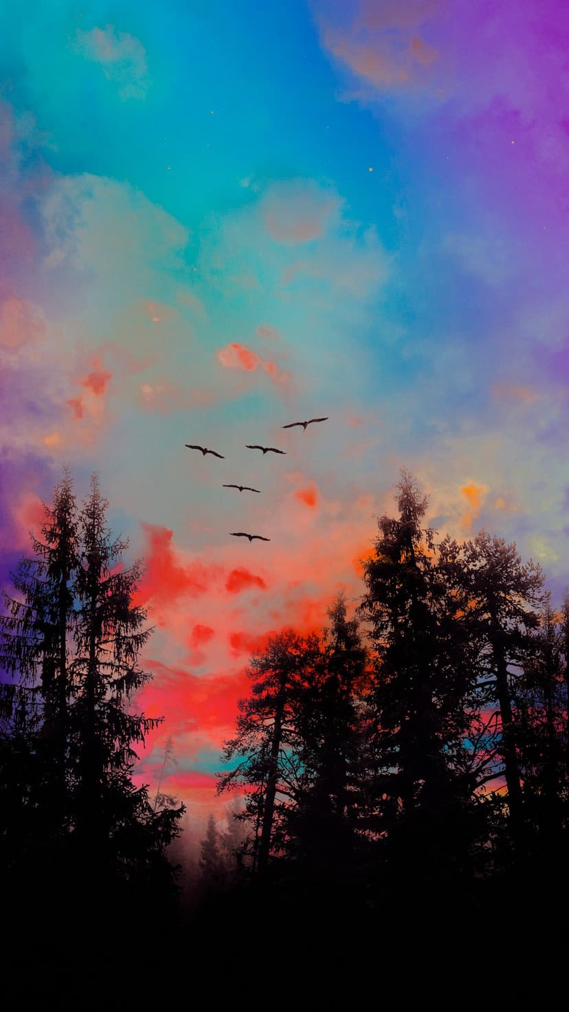 Birds soar over a dark pine forest silhouette against a vibrant purple, orange, and blue twilight sky background.