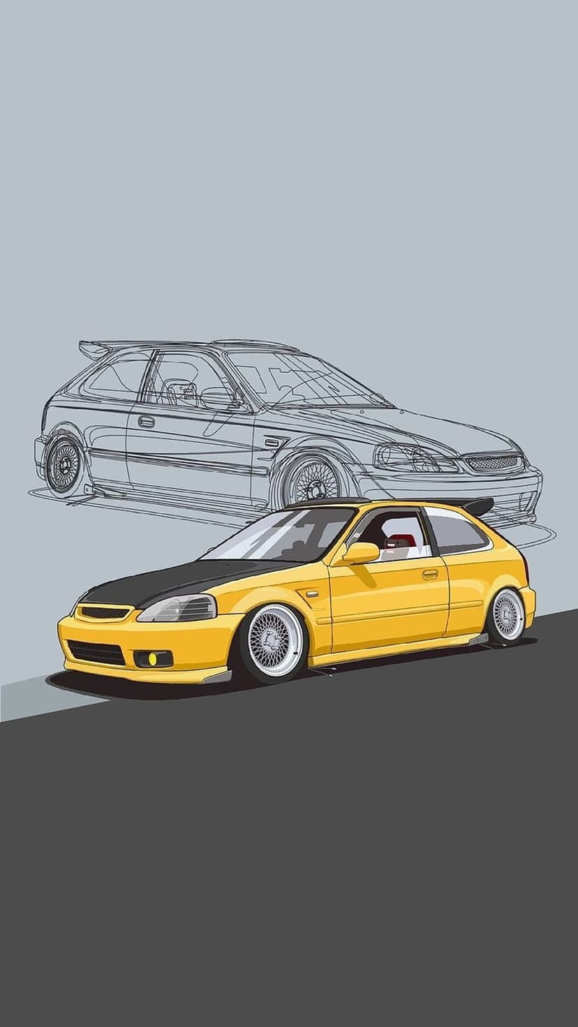 Yellow Honda Civic EK hatchback with technical blueprint outlines and custom wheels on a clean background.