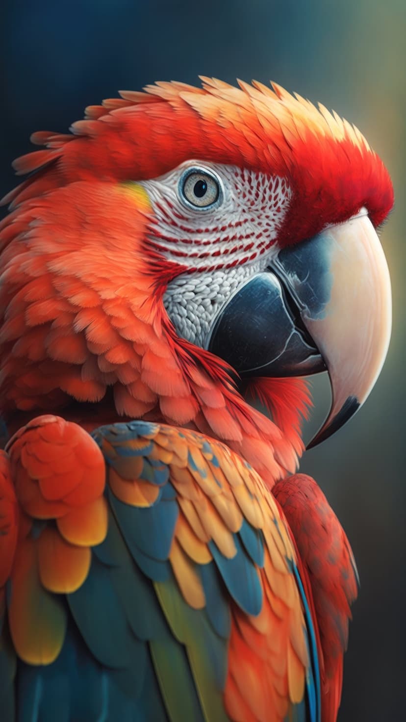 Scarlet macaw with red, yellow, and blue feathers looks sideways against a dark blurred jungle background.